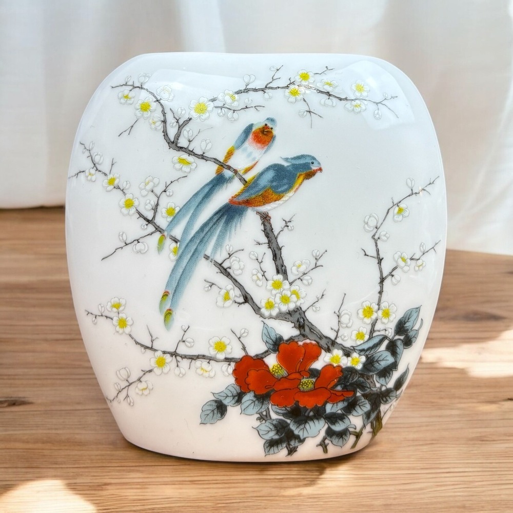 Vintage Oriental Bird Oval / Narrow Jay Japan Ceramic Planter/ Vase 4 1/3"‎